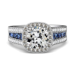 Halo Old Mine Cut Aus der Erde Abgebauter Natürlicher Diamant & blaue Saphire Ring Krappenset 6.50 Karat