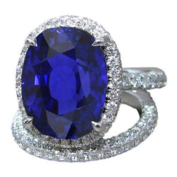 Halo Oval Ceylon Saphir Ehering Set 7 Karat mit Aus der Erde Abgebauter Natürlicher Diamantband