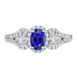 Halo Oval Saphir Ring 3 Steine Stil Gespaltener Schaft 3,50 Karat