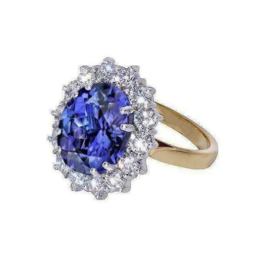 Halo Oval Tansanit AAA Aus der Erde Abgebauter Natürlicher Diamanten 8,50 Karat Ring Zweifarbiges Gold
