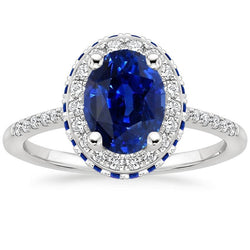 Halo Ovaler Edelsteinring Blauer Saphir & Aus der Erde Abgebauter Natürlicher Diamantakzente 4,50 Karat