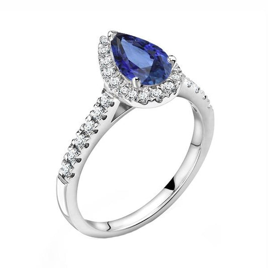 Halo Pear Blue Saphir & Pave Diamantring 3 Karat - harrychadent.de