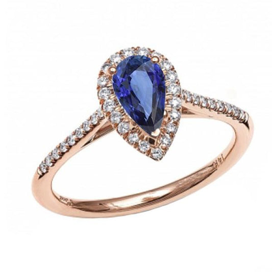 Halo Pear Natural Blue Saphir Ring 14K Roségold 3 Karat Diamanten - harrychadent.de