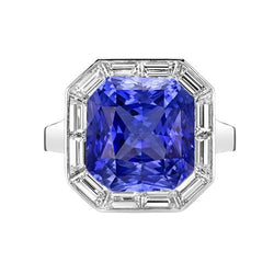 Halo Radiant Blue Saphir Ring & Baguette Diamanten 3,50 Karat