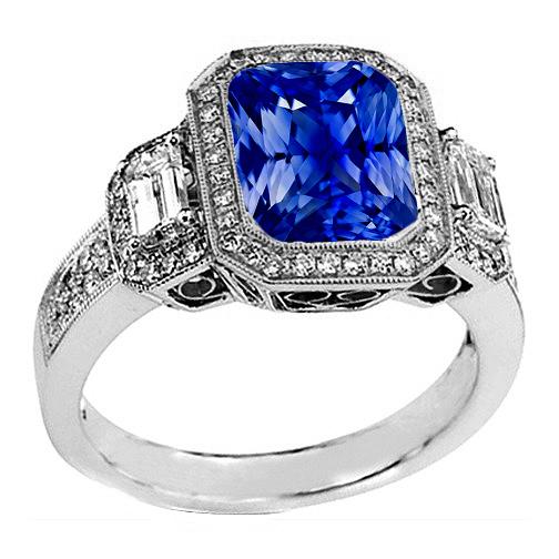Halo Radiant Saphir Ring Milgrain Schaft Baguette Diamanten 4 Karat - harrychadent.de