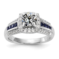Halo Ring Alter Minenschliff Diamant & Prinzessin Blaue Saphire 3.75 Karat