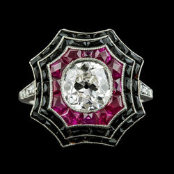 Halo Ring Altschliff Diamant Lünette Schwarzer Onyx & Rosa Saphire 5 Karat