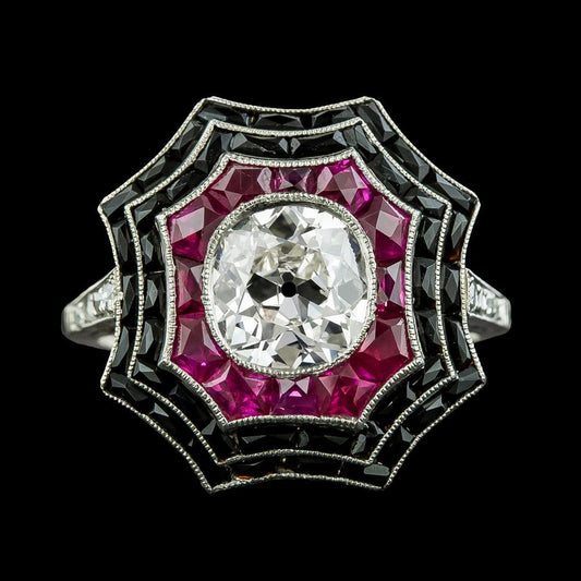 Halo Ring Altschliff Diamant Lünette Schwarzer Onyx & Rosa Saphire 5 Karat - harrychadent.de