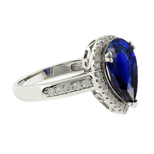 Halo Ring Antiker Stil Birne Ceylon Saphir & Diamanten 3.75 Karat - harrychadent.de