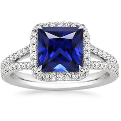 Halo Ring Blauer Saphir und Aus der Erde Abgebauter Natürlicher Diamant 6,5 Karat Prinzessin mit Akzent