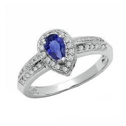 Halo Ring Doppelschaft Birne Blauer Saphir & Aus der Erde Abgebauter Natürlicher Diamanten 2 Karat