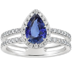 Halo Ring Doppelschaft Birne Blauer Saphir & Aus der Erde Abgebauter Natürlicher Diamanten 4,50 Karat
