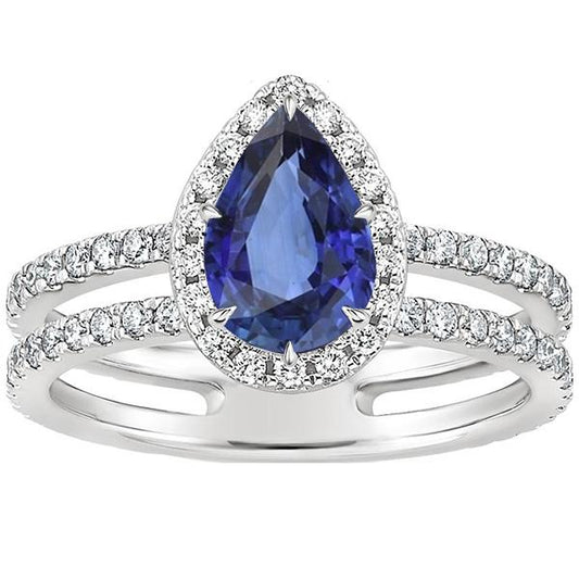 Halo Ring Doppelschaft Birne Blauer Saphir & Diamanten 4,50 Karat - harrychadent.de