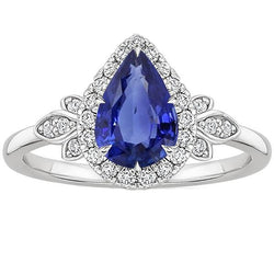 Halo Ring Floral Style Birne Sri Lanka Saphir & Aus der Erde Abgebauter Natürlicher Diamanten 4 Karat