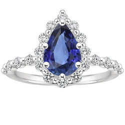 Halo Ring Flower Style Birne Blauer Saphir & Aus der Erde Abgebauter Natürlicher Diamanten 5 Karat
