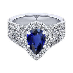 Halo Ring Krappenset Birnenblauer Saphir & Triple Shank Aus der Erde Abgebauter Natürlicher Diamant 5 Karat