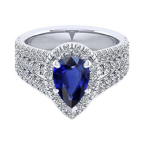 Halo Ring Krappenset Birnenblauer Saphir & Triple Shank Diamant 5 Karat - harrychadent.de