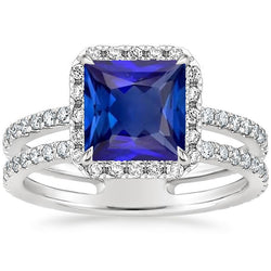 Halo Ring Princess Blue Saphir mit Pave Aus der Erde Abgebauter Natürlicher Diamant Akzenten 6,50 Karat