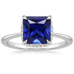 Halo Ring Princess Sri Lanka Saphir und Aus der Erde Abgebauter Natürlicher Diamant 5,25 Karat