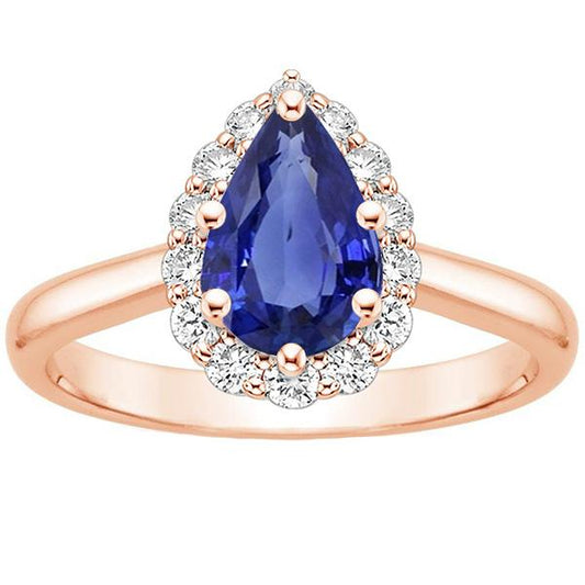 Halo Ring Roségold Birnenform Blauer Saphir & Diamanten 3.75 Karat - harrychadent.de