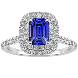 Halo Ring Smaragdblauer Saphir & Aus der Erde Abgebauter Natürlicher Diamant 5 Karat Weißgold 14K