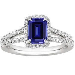 Halo Ring Split Shank Smaragd Ceylon Saphir & Aus der Erde Abgebauter Natürlicher Diamanten 4 Karat