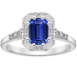 Halo Ring Sri Lanka Saphir & Aus der Erde Abgebauter Natürlicher Diamant 4 Karat Smaragdschliff