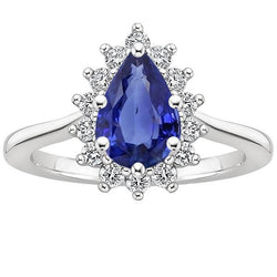 Halo Ring Star Style Birne Ceylon Saphir & Aus der Erde Abgebauter Natürlicher Diamanten 3,50 Karat