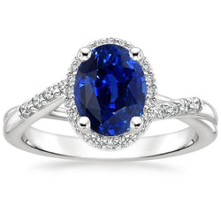 Halo Ring Twist Style Oval Blauer Saphir & Aus der Erde Abgebauter Natürlicher Diamanten 3.75 Karat
