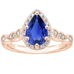 Halo Ring Vintage Style Birnenblauer Saphir & Aus der Erde Abgebauter Natürlicher Diamanten 4 Karat