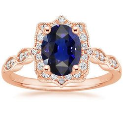 Halo Ring Vintage Style Oval Ceylon Saphir & Aus der Erde Abgebauter Natürlicher Diamanten 3.75 Karat