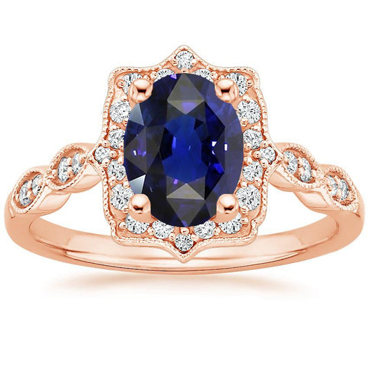 Halo Ring Vintage Style Oval Ceylon Saphir & Diamanten 3.75 Karat - harrychadent.de