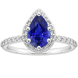 Halo Ring Weißgold 14K Birne Ceylon Saphir & Aus der Erde Abgebauter Natürlicher Diamanten 3,75 Karat