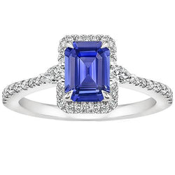 Halo Ring Weißgold 14K Smaragdblauer Saphir & Aus der Erde Abgebauter Natürlicher Diamant 4,25 Karat