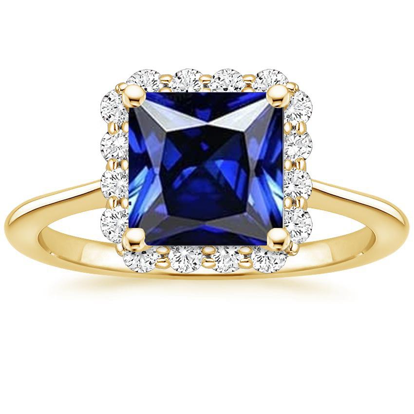 Halo-Ring aus Gelbgold mit Diamanten und blauem Saphir im Princess-Schliff 6 Karat - harrychadent.de