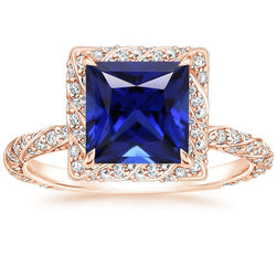 Halo-Ring aus Roségold Prinzessin Sri Lanka Saphir und Diamant 6 Karat