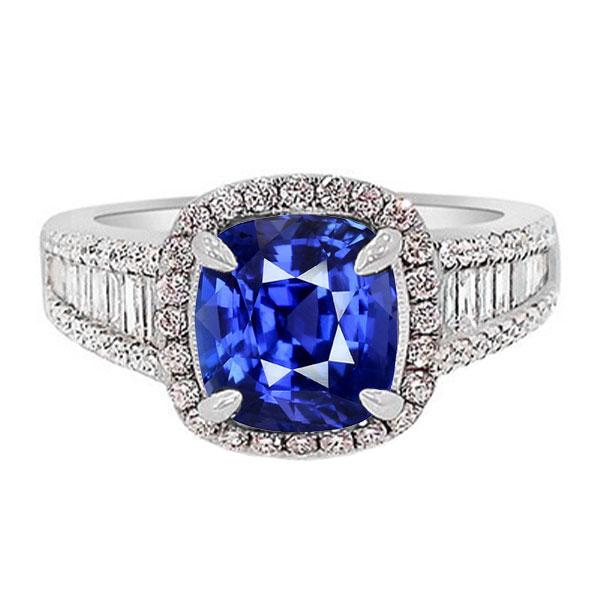 Halo-Ring aus blauem Saphir mit Baguette und runden Diamanten 4,5 Karat - harrychadent.de