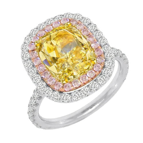 Halo-Ring mit kanariengelbem Kissendiamant und rosa Saphiren