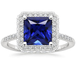 Halo-Ring mit rundem Aus der Erde Abgebauter Natürlicher Diamanten und blauem Saphir im Princess-Schliff, 6 Karat