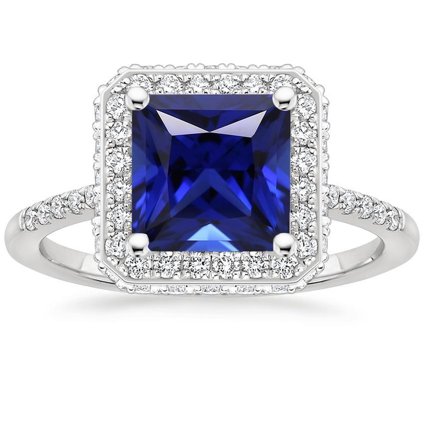 Halo-Ring mit rundem Diamanten und blauem Saphir im Princess-Schliff, 6 Karat - harrychadent.de