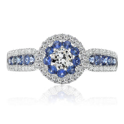 Halo Ring runder alter Bergmann Diamant & Ceylon Saphir Ring 7 Karat