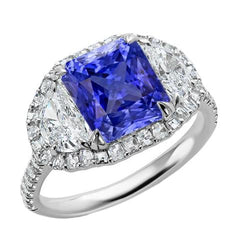 Halo Ringkissen Saphir mit Halbmond & rundem Aus der Erde Abgebauter Natürlicher Diamant 4,50 Karat