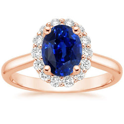 Halo Runden Aus der Erde Abgebauter Natürlicher Diamant & Oval Ring Sri Lankan Saphir 3,50 Karat