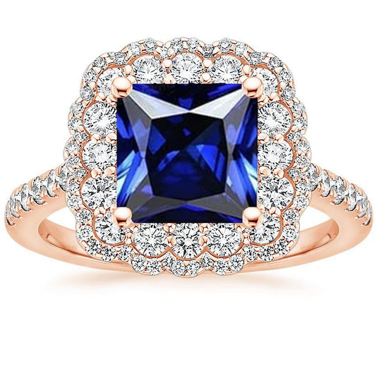 Halo Runder Diamantring Blumenstil Prinzessin Blauer Saphir 7 Karat - harrychadent.de