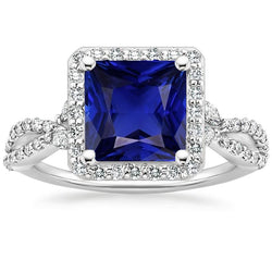 Halo Saphir Aus der Erde Abgebauter Natürlicher Diamantring Princess Cut Twisted Shank Gold 6,25 Karat