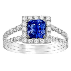 Halo Saphir-Verlobungsring-Set Pave Aus der Erde Abgebauter Natürlicher Diamant Gold Band 3 Karat