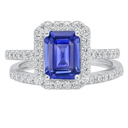 Halo Smaragd Saphir Ehering Set 4,50 Karat Weißgold Schmuck
