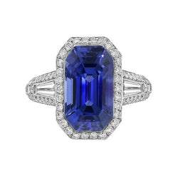 Halo Smaragd Saphir Ring mit runden & Baguette Aus der Erde Abgebauter Natürlicher Diamanten 4 Karat
