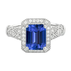 Halo Smaragdblauer Saphirring 4 Karat Milgrain Shank Diamant