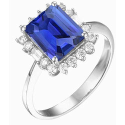 Halo Smaragdblauer Saphirring Rund & Baguette Diamanten 3,50 Karat